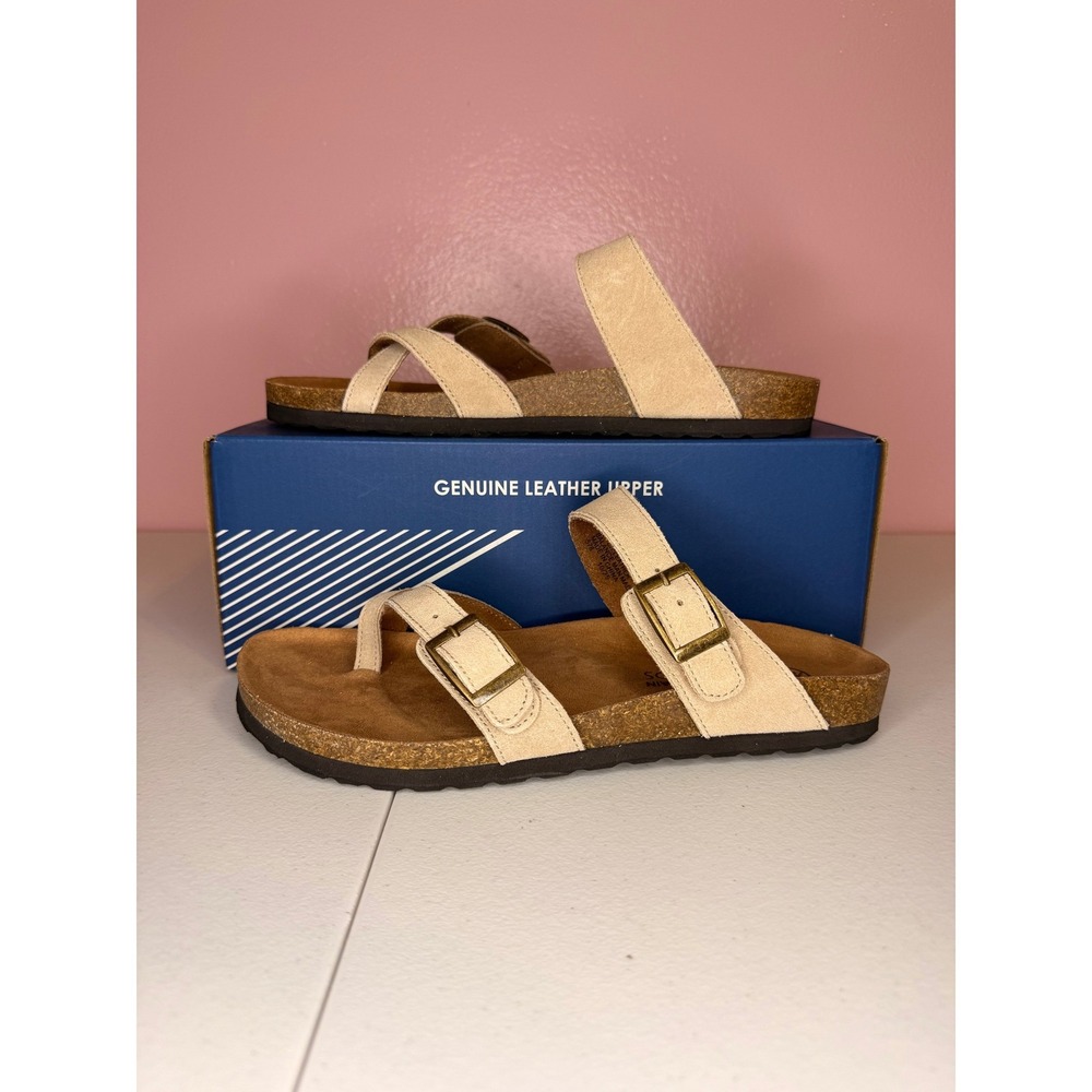 White Mountain Gracie Womens 9 Wood Suede Leather Toe Loop Cork Footbed Sandals